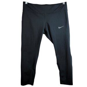 Nike Women Running Leggings Pant Black Large Drawstring Cropped Capri Zip Pocket